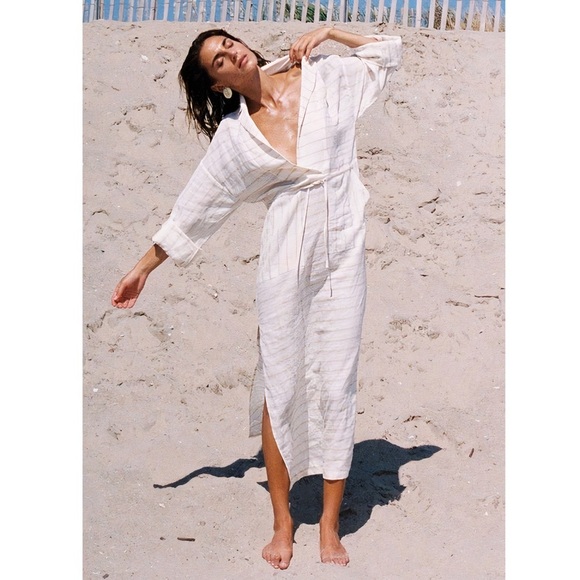 NWT Mara Hoffman Maxi White Linen-Blend Stripe Tie-Front Diega Dress - Picture 1 of 5
